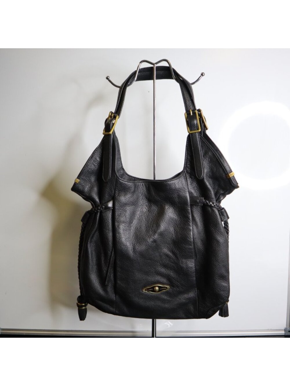 DG-164 Elliott Lucca Black Pebbled Leather Tote Bag W/ Gold Hardware & Braid Det